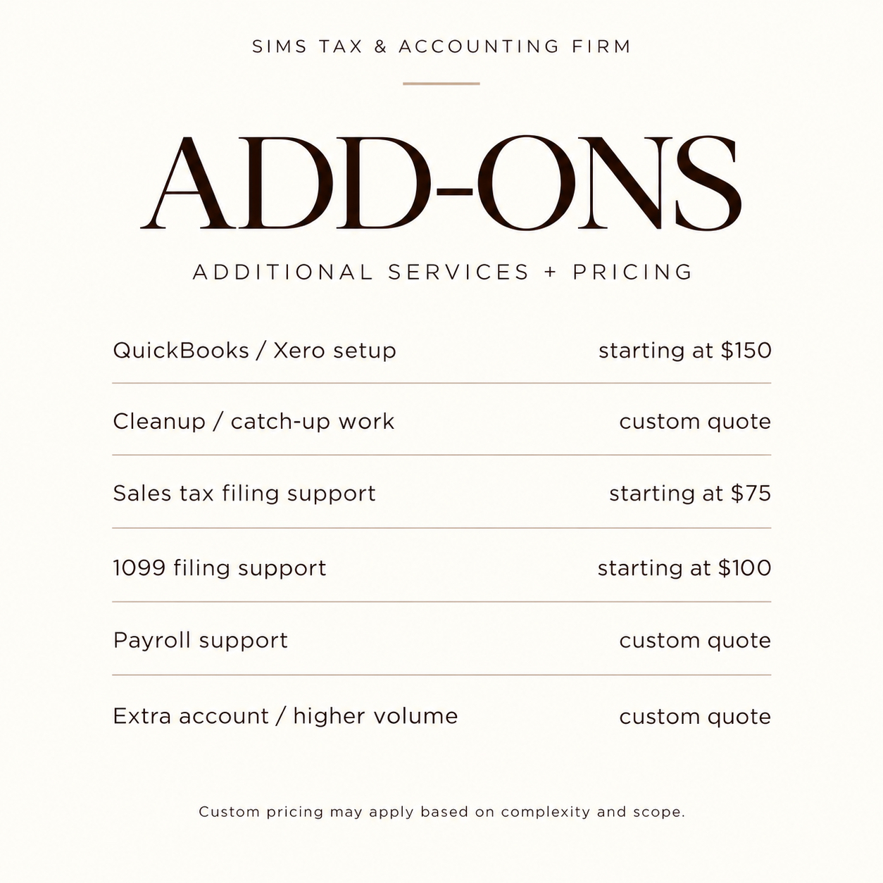 Monthly accounting add-on services and pricing
