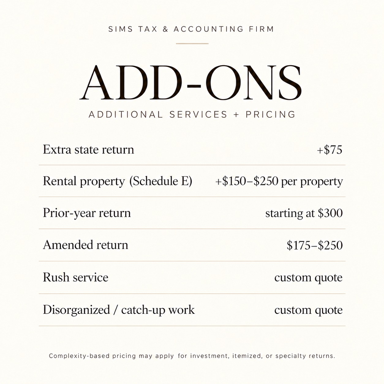 Tax preparation add-on services and pricing