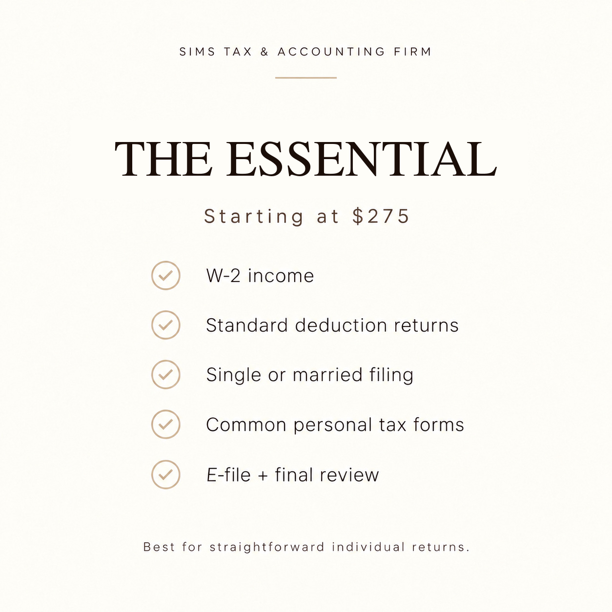 The Essential tax package, starting at $275